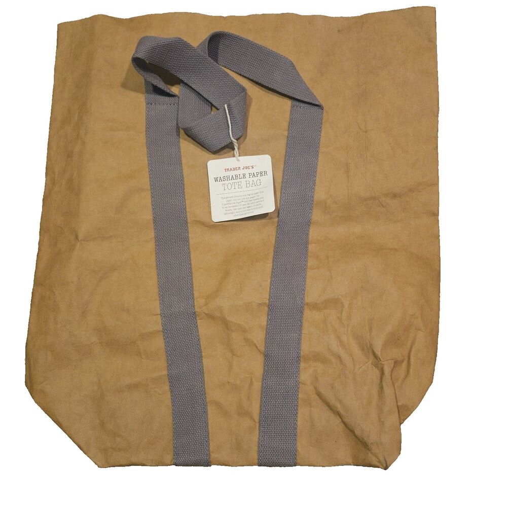 Trader Joe's Brown Washable Paper Tote Bag Gray Straps Reusable NWT Marks